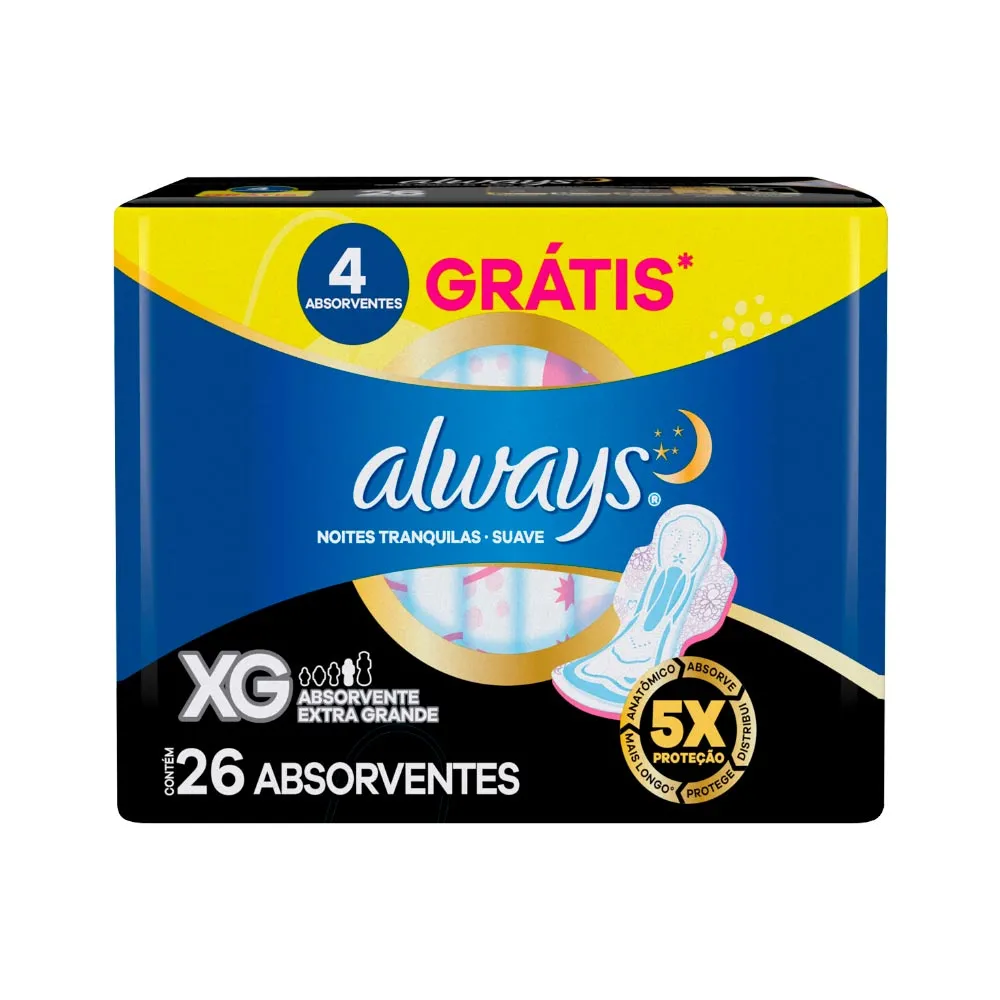 Absorvente Always Noites Tranquilas Com 26 Suave Com Abas Xg 4 Gratis Especial