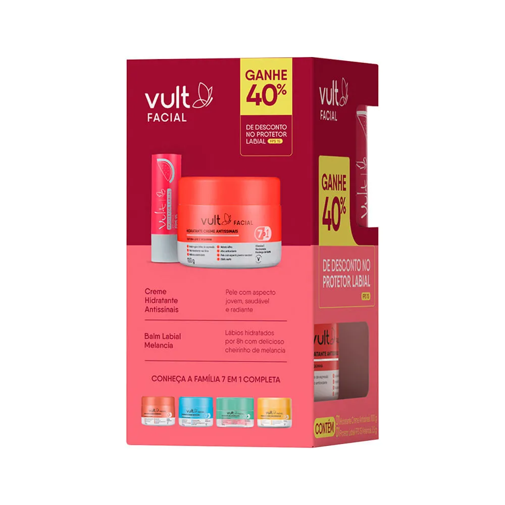 Kit Vult Facial Creme Hidratante Antissinais 100gr + Protetor Labial Fps15 Melancia 3,5gr Promocional