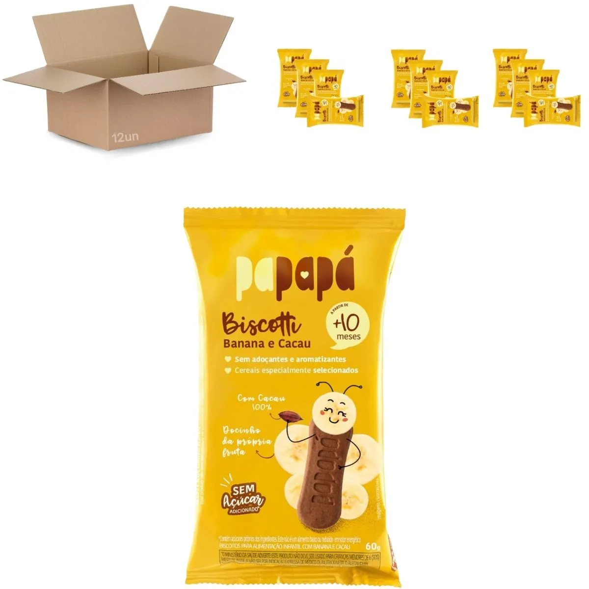 Kit 12 Biscoito de Banana e Cacau 60g Bolacha Biscotti - Papapá