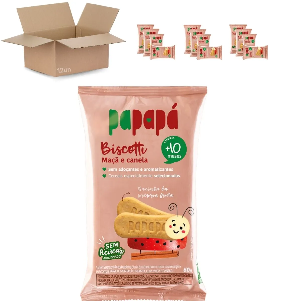 Kit 12 Biscoito de Maçã e Canela 60g Bolacha Biscotti - Papapá