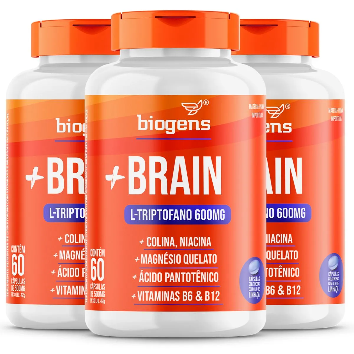 Kit 3 + Brain Triptofano 600mg Colina Relax Foco 60 Cápsulas - Bigens