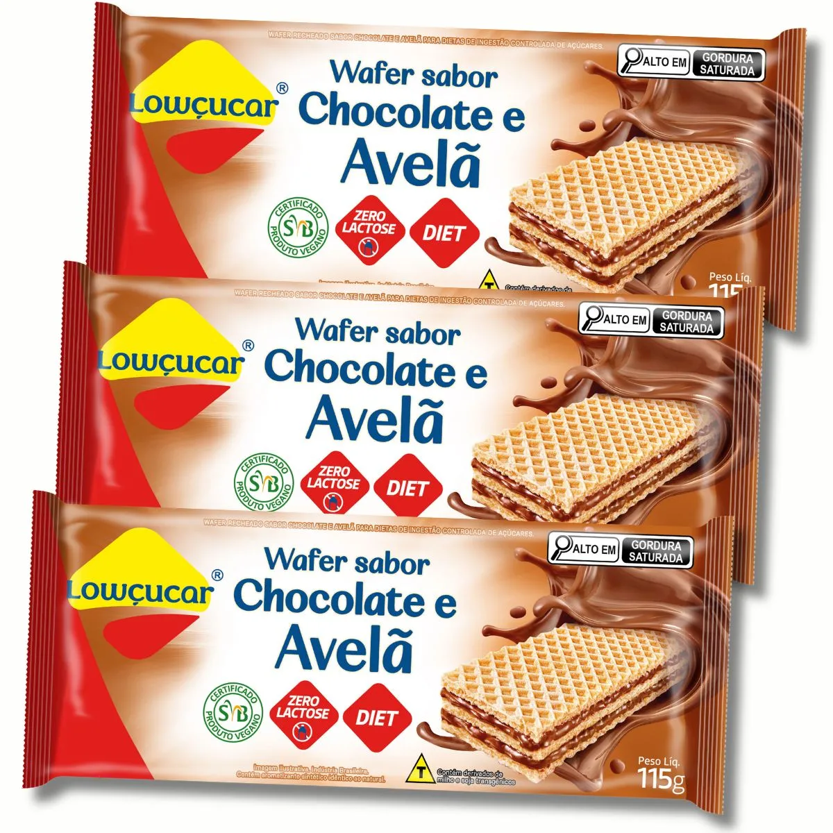 Kit 3 Wafer Zero Açucares Sabor Chocolate com Avelã 115G - Lowçucar