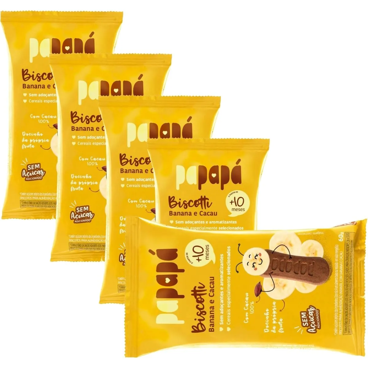 Kit 5 Biscoito de Banana e Cacau 60g Bolacha Biscotti - Papapá